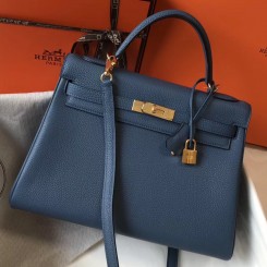 Hermes Kelly 32cm Bag In Blue Agate Clemence Leather GHW JM1878sf78