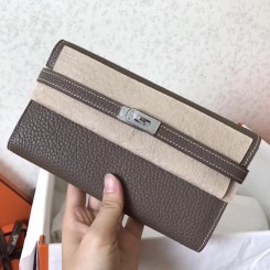Hermes Kelly Classic Long Wallet In Etoupe Clemence Leather JM32Sy67