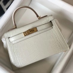 Hermes Kelly Mini II Bag In Beton Embossed Crocodile Leather JM272kv47