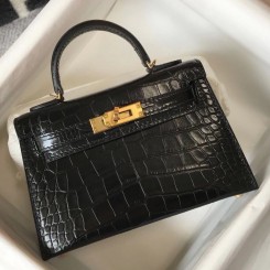 Hermes Kelly Mini II Bag In Black Embossed Crocodile Leather JM1100FT69