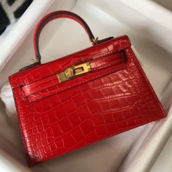 Hermes Kelly Mini II Bag In Red Embossed Crocodile Leather JM423Ao69
