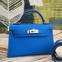 Hermes Kelly Mini II Handmade Bag In Blue Chevre Leather JM1363Xr72