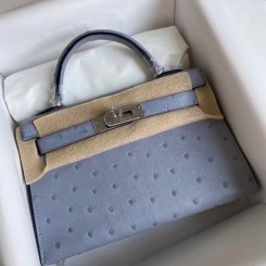 Hermes Kelly Mini II Handmade Bag In Blue Lin Ostrich Leather JM1352jI77