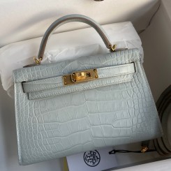 Hermes Kelly Mini II Sellier Handmade Bag In Blue Glacier Matte Alligator Leather JM1127iT17