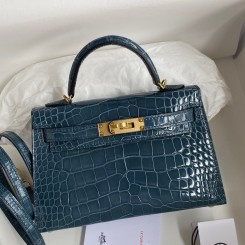 Hermes Kelly Mini II Sellier Handmade Bag In Blue Jean Shiny Alligator Leather JM1070rf73
