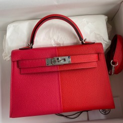 Hermes Kelly Mini II Sellier Tri-color Bag In Red/Rose Extreme/Blue Epsom Calfskin JM1226zZ68