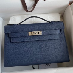 Hermes Kelly Pochette Handmade Bag In Blue Saphir Epsom Calfskin JM417lx53