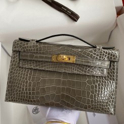 Hermes Kelly Pochette Handmade Bag In Taupe Shiny Alligator Leather JM1353Fo38