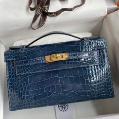 Hermes Kelly Pochette Handmade Bag In Vert Bosphore Shiny Alligator Leather JM2054GY14