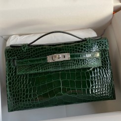 Hermes Kelly Pochette Handmade Bag In Vert Fonce Shiny Alligator Leather JM329Jc39