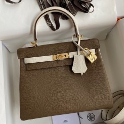Hermes Kelly Retourne 25 Bicolor Bag in Taupe and Craie Clemence Calfskin JM894UO29