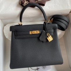 Hermes Kelly Retourne 25 Handmade Bag In Black Clemence Leather JM1762kv47
