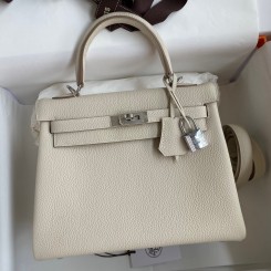 Hermes Kelly Retourne 25 Handmade Bag In Craie Clemence Leather JM1149vU99