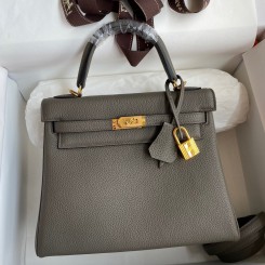 Hermes Kelly Retourne 25 Handmade Bag In Etain Clemence Leather JM1998Hv51
