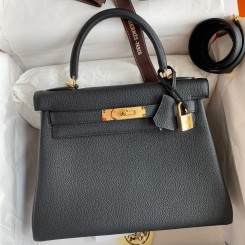 Hermes Kelly Retourne 28 Handmade Bag In Black Clemence Leather JM714Rc30