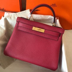 Hermes Kelly Retourne 28 Handmade Bag In Ruby Clemence Leather JM424dV68