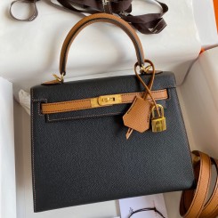 Hermes Kelly Sellier 25 Bicolor Bag in Black and Gold Epsom Calfskin JM1917hs91