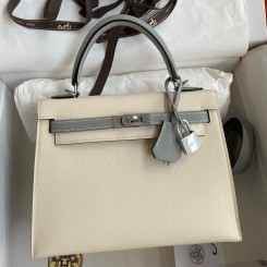 Hermes Kelly Sellier 25 Bicolor Bag in Craie and Gris Mouette Epsom Calfskin JM1344QT69
