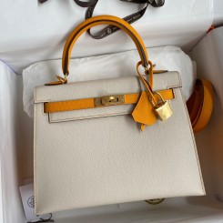 Hermes Kelly Sellier 25 Bicolor Bag in Craie and Yellow Epsom Calfskin JM790vA83