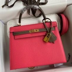 Hermes Kelly Sellier 25 Bicolor Bag in Rose Extremea nd Taupe Epsom Calfskin JM1594vX95