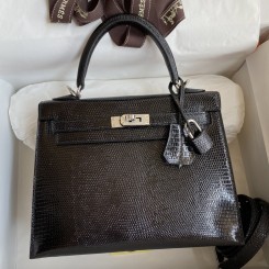 Hermes Kelly Sellier 25 Handmade Bag In Black Lizard Leather JM1596Kd37