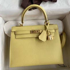 Hermes Kelly Sellier 25 Handmade Bag In Jaune Poussin Epsom Calfskin JM1416jC82