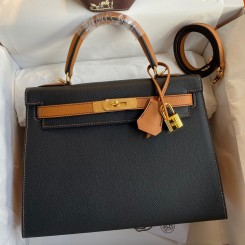 Hermes Kelly Sellier 28 Bicolor Bag in Black and Gold Epsom Calfskin JM82Hj78