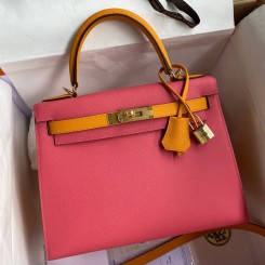 Hermes Kelly Sellier 28 Bicolor Bag in Rose Lipstick and Yellow Epsom Calfskin JM427hs91