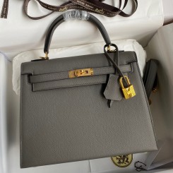 Hermes Kelly Sellier 28 Handmade Bag In Etain Epsom Calfskin JM630zZ68