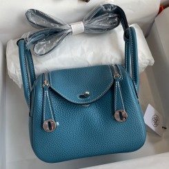 Hermes Mini Lindy Handmade Bag In Blue Jean Clemence Leather JM820jC82