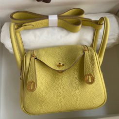 Hermes Mini Lindy Handmade Bag In Jaune Poussin Clemence Leather JM1065Xr72