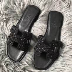 Hermes Oran Sandals In Black Suede With Black Crystal JM1386vA83