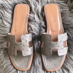 Hermes Oran Sandals In Grey Ostrich Leather JM1610cC72