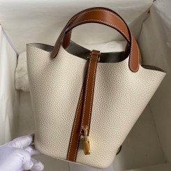 Hermes Picotin Lock 18 Bicolor Handmade Bag in Craie and Gold Clemence Leather JM565Nr89