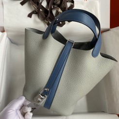 Hermes Picotin Lock 18 Bicolor Handmade Bag in Gris Mouette and Blue Agate Swift Leather JM152QT69