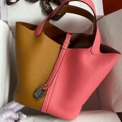 Hermes Picotin Lock 22 Bicolor Handmade Bag in Sesame and Rose Azalee Clemence Leather JM12qq80