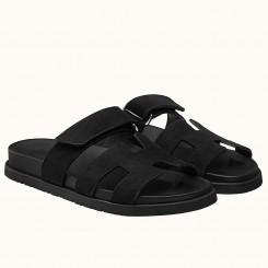 Hermes Women's Chypre Sandals In Black Suede Calfskin JM1822zZ68