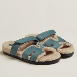 Hermes Women's Chypre Sandals in Blue Suede with Shearling JM371Lp50