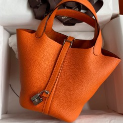 High Quality Hermes Picotin Lock 18 Handmade Bag in Orange Clemence Leather JM46tU17