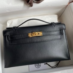 Imitation Hermes Kelly Pochette Handmade Bag In Black Swift Calfskin JM328sd97