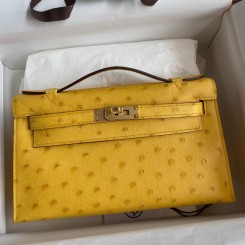 Imitation Hermes Kelly Pochette Handmade Bag In Jaune Ambre Ostrich Leather JM1974nD28