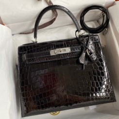 Imitation Hermes Kelly Sellier 28 Handmade Bag In Black Crocodile Niloticus Shiny Skin JM1280hw36