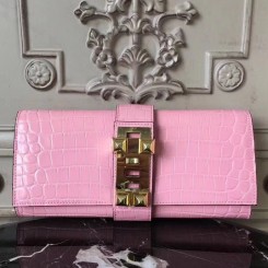 Imitation Hermes Medor Clutch Bag In Pink Crocodile Leather JM585fM13