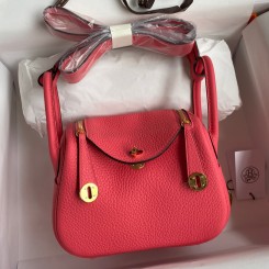 Imitation Hermes Mini Lindy Handmade Bag In Rose Lipstick Clemence Leather JM1454Lv15