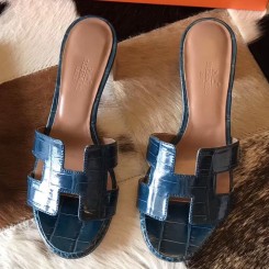 Imitation Hermes Oasis Sandals In Blue Shiny Niloticus Crocodile JM1248Bb80