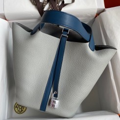 Imitation Hermes Picotin Lock 22 Bicolor Handmade Bag in Gris Mouette and Blue Agate Swift Leather JM825lL78