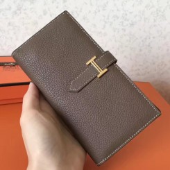 Imitation High Quality Hermes Taupe Clemence Bearn Gusset Wallet JM796Ki36