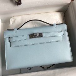 Knockoff Hermes Kelly Pochette Handmade Bag In Blue Brume Swift Calfskin JM1843AT21