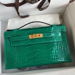 Knockoff Hermes Kelly Pochette Handmade Bag In Vert Emerald Shiny Alligator Leather JM132cL56