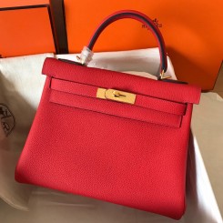 Knockoff Hermes Kelly Retourne 28 Handmade Bag In Red Clemence Leather JM1855YI96